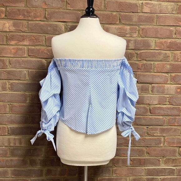 Blue & White Stripe Off The Shoulder Puff Sleeve Top Size Medium - Picture 5 of 6
